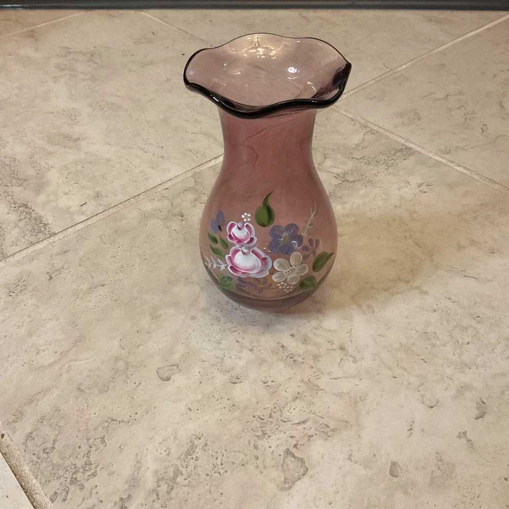 Teleflora Fenton Amethyst Purple Glass Vase Hand Painted Floral Ruffled Rim